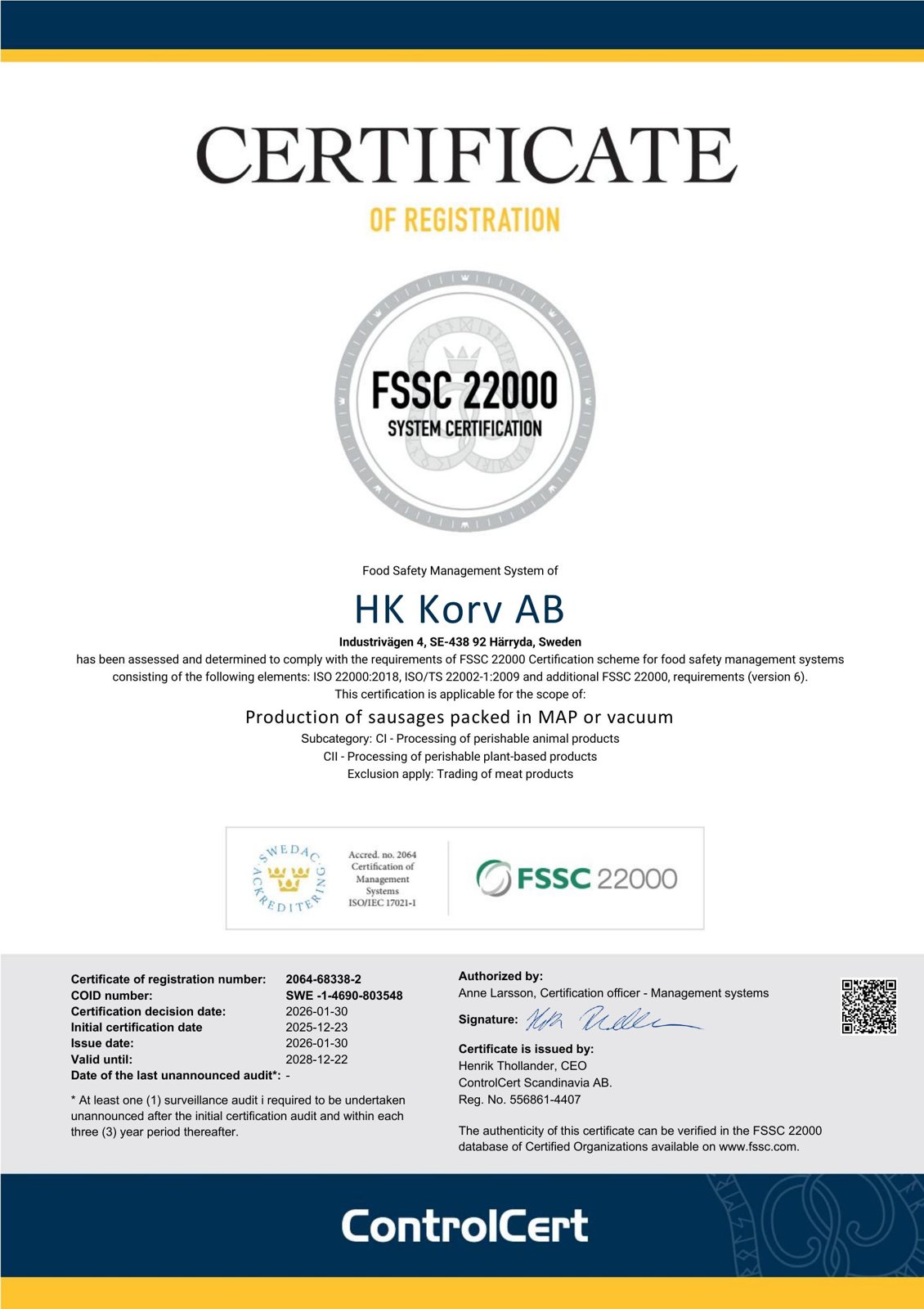 Vorschau des FSSC 22000 Zertifikats